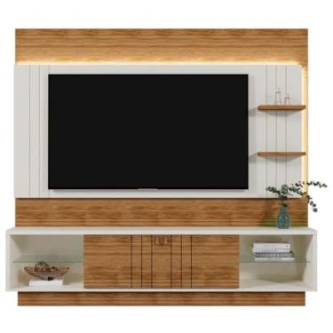 Imagem de Estante Home Guaíba para TV até 65 Polegadas, Estilo Retrô, MDF, Branco e Madeira Natural, 140x45x40 cm (Off White/Amendôa)