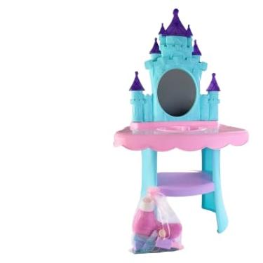 Imagem de Penteadeira Infantil em Formato de Castelo, Azul e Rosa, com Espelho e Acessórios