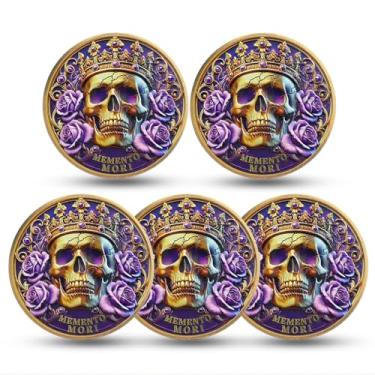 Imagem de RYUKENLM Pacote com 5 moedas Memento Mori 3D Skull Challenge Coins EDC Reminder Token Your Time is Limited Presentes inspiradores estoicismo para prática estoica diária