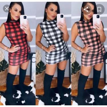 Imagem de Vestido cavado canelado xadrez curto feminino - Filó Modas