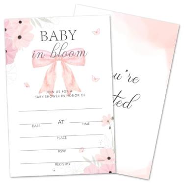 Imagem de rizotus Convites de chá de bebê para menina e menino, laço rosa e festa de revelação de gênero floral convites 25 cartões com envelopes, suprimentos de decoração de festa de anúncio de grávida -03