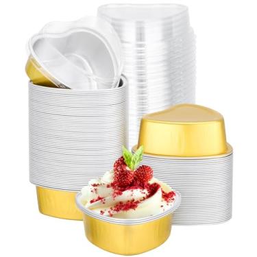 Imagem de EUSOAR Forros de cupcake dourados, 100 peças, forma de cupcake em forma de coração, mini torta descartável, ramequins de sobremesas, pudim, creme brulee, copos de suflê, recipientes para muffin para