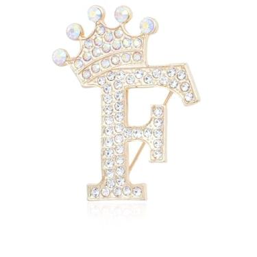 Imagem de Broche de letra inicial com coroa para mulheres, meninas, homens, meninos, broches de nome personalizado, artesanato, broche, colorido, strass, broche, ouro, A-Z, Zircônia cúbica