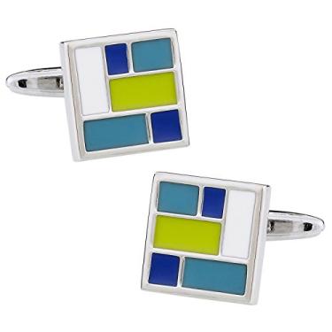 Imagem de Abotoaduras quadradas, brancas e azuis, verdes e esmaltados retrô com caixa de apresentação Cuff-Daddy