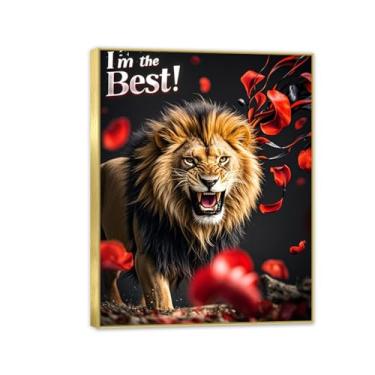 Imagem de Arte de parede de escritório inspiradora leão rugindo com rosas impressão em tela pôsteres inspiradores de animais citações motivacionais imagens para decoração de parede de quarto masculino 80 x 60