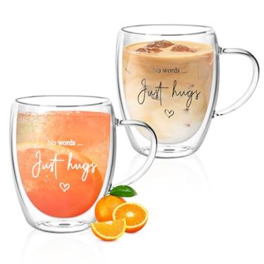 Imagem de YTDTKJ Canecas de café de vidro de 355 ml, copos de café expresso de parede dupla com alça, sem palavras, apenas abraços canecas de café transparentes, xícaras de chá com latte de cappuccino para