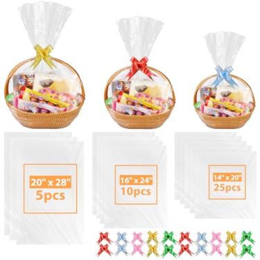 Imagem de Yeumk 90 peças de sacos retráteis para cestas de presente de Natal 50 x 71 cm, 40 x 61 cm, 35,5 x 50,8 cm, 3 tamanhos, sacos de celofane com 5 laços coloridos, grande bolsa de plástico transparente