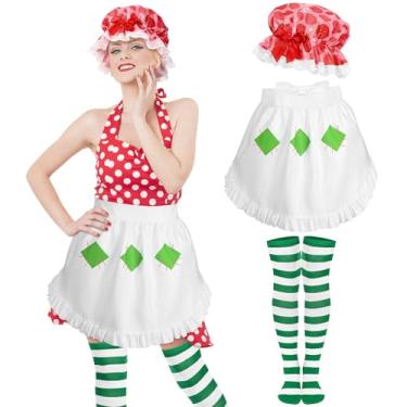 Imagem de JcHrmers 3 peças de acessórios para fantasia de bolo de morango, chapéu de morango, chapéu de morango, verde listrado, avental para festa de Halloween, cosplay, adulto, fantasia