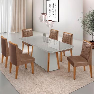 Imagem de Mesa De Jantar Diane 180cm Mdf Vidro Com 6 Cadeiras Moderna Tork Off White Naturale Serigrafia