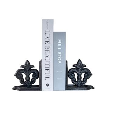 Imagem de ifreeside Conjunto de 2 suportes de livros decorativos vintage Fleur de Lis de ferro fundido para batente de porta de livros pesados (Black Fleur De Lis)