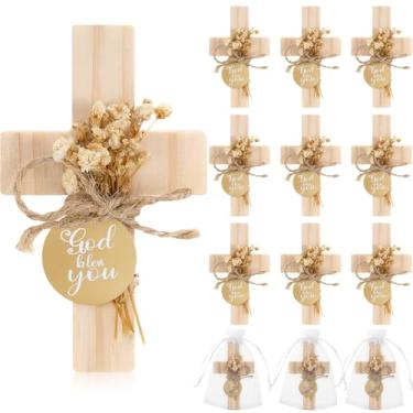 Imagem de Flutesan 12 conjuntos de lembrancinhas de batismo para convidados de primeira comunhão ímãs de cruz de madeira com flor e bolsa para decoração de festa de batismo, reunião, chá de bebê, presente de