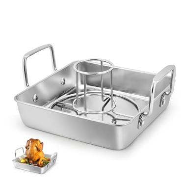 Imagem de Leonyo Porta-frangos para assar latas de cerveja, frigideiras de aço inoxidável de 22 cm, assadeira resistente com rack vertical para grelhar, churrasqueira, forno e lava-louças