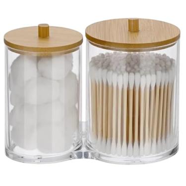 Imagem de Organizador Porta Cotonete E Algodão Duplo Com Tampa Bambu Acrilico