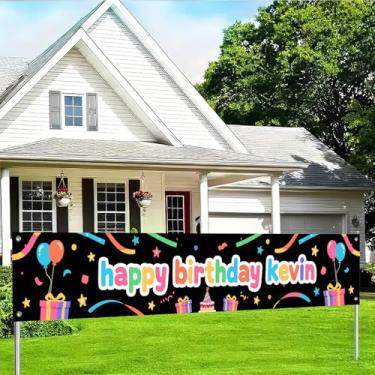 Imagem de BlissYard Banner de confetes de feliz aniversário Kevin colorido 295 x 50 cm decorações de festa personalizadas para meninos meninas adultos celebração divertida pano de fundo balões presentes design