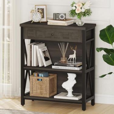 Imagem de FATORRI Estante pequena rústica, prateleira de livros de madeira industrial com gaveta, estante de 3 prateleiras para espaços pequenos, capa baixa para sala de estar, escritório em casa (marrom