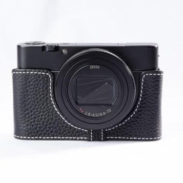 Imagem de Capa vintage de couro genuíno para câmera feita à mão meia-envoltório para Sony DSC-RX100M6 RX100 VI (preto)