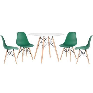 Imagem de Mesa Redonda Eames 100 Cm Branco + 4 Cadeiras Eiffel Dsw Verde Escuro