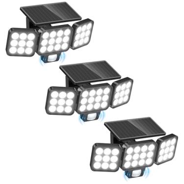 Imagem de Luzes solares para ambientes externos, pacote com 3, sensor de movimento brilhante de 3500 lm, 3 cabeças e painel de vidro de atualização, holofotes de luz de segurança alimentados por energia solar
