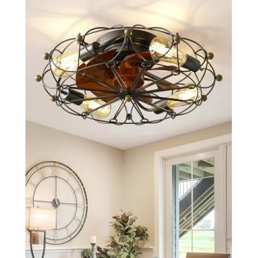 Imagem de GUGEGUGE Ventilador de teto com gaiola de baixo perfil com luzes controle remoto inclui lâmpadas 6 velocidades lâminas reversíveis montagem embutida pequena casa de fazenda moderna ventiladores de teto industriais com luzes