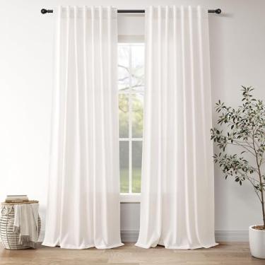 Imagem de Cortinas de linho semitransparentes brancas marfim 228,6 cm para sala de estar, bolso traseiro, varão, cortina de gaze texturizada de algodão branco marfim moderna decoração costeira de casa de