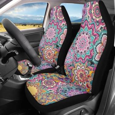 Imagem de Bulopur Boho Mandala conjunto de 2 capas de assento de carro elásticas com encosto alto para mulheres, capa de assento de carro confortável universal para SUVs, caminhões, van, sedans