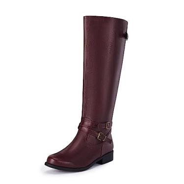 Imagem de Ermonn Botas femininas na altura do joelho, salto grosso, baixo, zíper lateral, cadarço nas costas, couro sintético, calçado de equitação, Vinho, 9