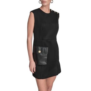 Imagem de BCBG Minivestido feminino sem mangas com detalhe de bolso de camurça evasê, Preto/preto, 38