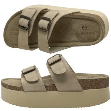 Imagem de SOBEYO Sandália feminina de cortiça plataforma de camurça de vaca com alças duplas e fivelas sem cadarço e conforto, Camurça bege, 41