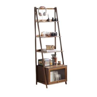 Imagem de ZzleoyuUUs-12 Estante de mesa trapezoidal de chão, suporte de exibição organizador de vários níveis aberto de bambu, com portas de plástico, armário de armazenamento para escritório e casa