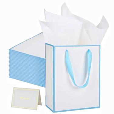 Imagem de UoeRing Pacote com 25 sacos de presente de agradecimento com alças 24 x 19 x 9,5 cm, bolsa de presente de tamanho médio, com papel de seda e cartão para casamento, aniversário, dama de honra, feriados