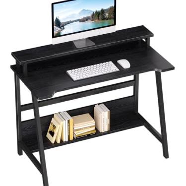 Imagem de ALISENED Mesa de escritório doméstico para computador, mesa de 80 cm para pequenos espaços com prateleira de armazenamento, mesa de computador pequena com monitor e estante, mesa de laptop de estilo
