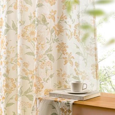 Imagem de Cortinas florais transparentes de 153 cm de comprimento, conjunto de 2 painéis para quarto de fazenda, filtro de luz, bolso para varão, areia quente, campo, flores, estampadas, cortinas transparentes