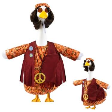 Imagem de Yeyeplum Roupas hippie de ganso para varanda de 58 cm, estátua de alpendre, fantasia hippie de Halloween dos anos 60 e 70 com acessórios, escultura de cimento com roupas de ganso para decoração de