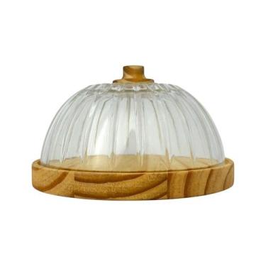 Imagem de Queijeira Artesanal Madeira 19cm Vidro Listras Queijos Frios - Luggari