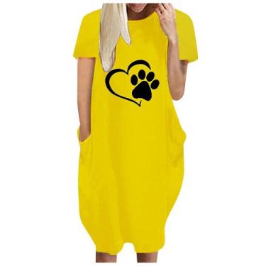 Imagem de Moda Feminina Loose Love Print O-neck Bolsos Casual Vestido de mangas 