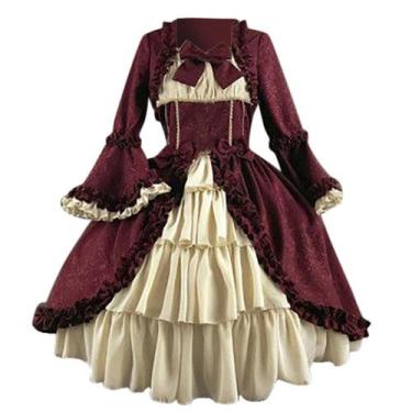 Imagem de Moda Feminina Vintage Gothic Court Square Collar Patchwork Bow Vestido