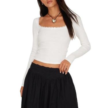 Imagem de Camiseta feminina Pivanzore, gola quadrada, manga comprida, renda bran