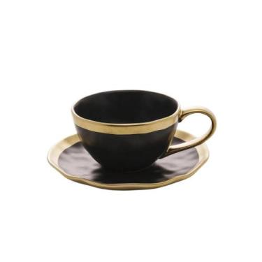 Imagem de Xícara Para Café Com Pires Em Porcelana Dubai 90ml Wolff, Preto e Dour