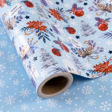 Imagem de WRAPAHOLIC Papel de embrulho reversível de Natal - Mini rolo - 43 cm x 80 metros - Globo de neve vermelho e azul, poinsétias e floco de neve para festas de Natal, celebração de festa