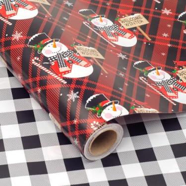 Imagem de LDGOOAEL Mini rolo de papel de embrulho de Natal - Design reversível (43 cm x 10 m) - Boneco de neve xadrez búfalo para presentes pequenos/médios, festa de Natal