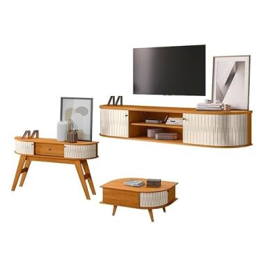 Imagem de Rack Bancada Suspensa Algarve com Aparador Estoril e Mesa de Centro Indianápolis Cinamomo Off White - Madetec