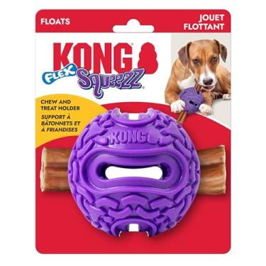 Imagem de KONG Squeezz Flex Ball – Suporte flexível para petiscos e mastigar para cães – Brinquedo interativo para cães para buscar, flutuar e viajar – comporta guloseimas, mastigáveis e bastões de bully (médio