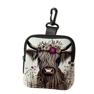 Imagem de Porta-chaves mini porta-moedas, bolsa multifuncional para chaves, moedas, fone de ouvido, batom, porta-cartões, organizador de cabos, bolsa com zíper, bolsa de vaca Highland, acessórios pequenos