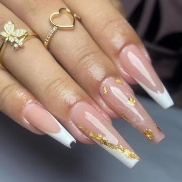 Imagem de Kit de unhas de pressão longa caixão unhas falsas brancas francesas com design de glitter dourado cola em gel nas unhas para mulheres cobertura completa bastão falso acrílico manicure para casamento