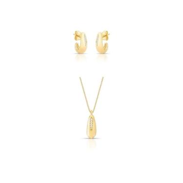 Imagem de Guymy Semijoias Conjunto Feminino Folheado a Ouro 18k, Gargantilha e Brincos com Zircônias, 45cm, Dourado, Design Curvo, Uso Diário e Ocasiões Especiais