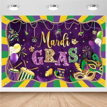 Imagem de Avezano Pano de fundo de carnaval roxo Happy Mardi Gras decorações banner roxo dourado máscara baile de máscaras festa fotografia banner (2,4 x 1,8 m)