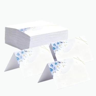 Imagem de Rowcay 300 cartões de casamento florais azuis, cartões de identificação de barraca floral azul 5 x 9 cm, cartões de mesa dobráveis para impressão, cartões de nome, cartões de acompanhantes para