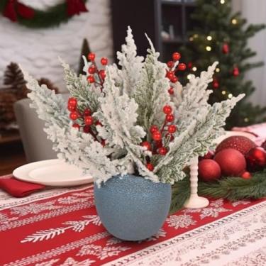 Imagem de 4 peças flocagem floco de neve ramo de pinheiro vermelho baga vermelha DIY enfeite de árvore de Natal decoração de festa de mesa (4 peças #3-32.0 cm)