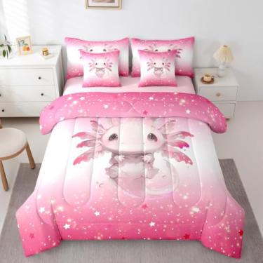 Imagem de Feelyou Lindo conjunto de edredom Axolotl tamanho casal 7 peças com estampa estrelada com glitter, crianças, meninos e meninas, em uma bolsa com edredom, lençóis, fronhas, capas de almofada, princesa