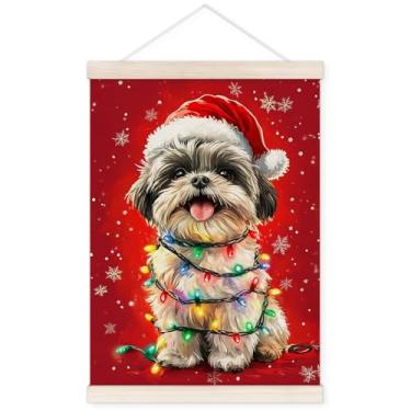Imagem de TWRVI Cabide de pôster engraçado de Natal Shih Tzu com moldura de madeira, decoração de arte de parede de cachorro de Natal para casa, presente Shih Tzu para mulheres, pôsteres de Natal Shihtzu para